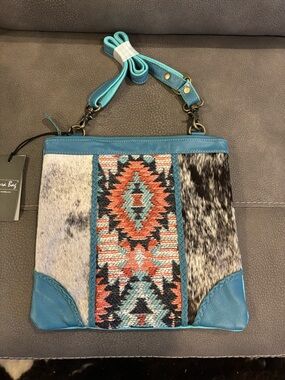 Myra southwest cowhide,leather and canvas bag NWT